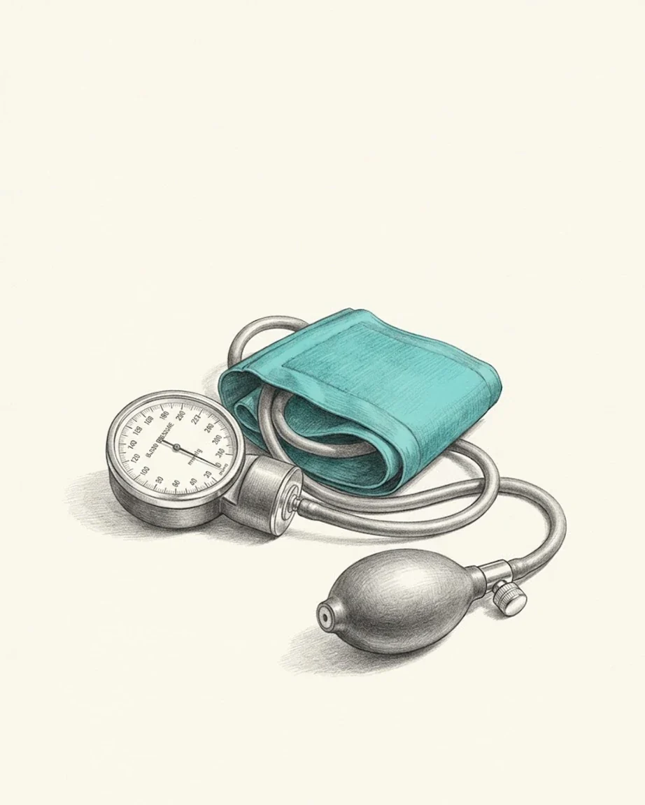 An aneroid blood pressure gauge lying face-up with its needle below the resting mark, its verdigris cuff loosely coiled beside it and the inflation bulb resting apart, drawn in graphite.